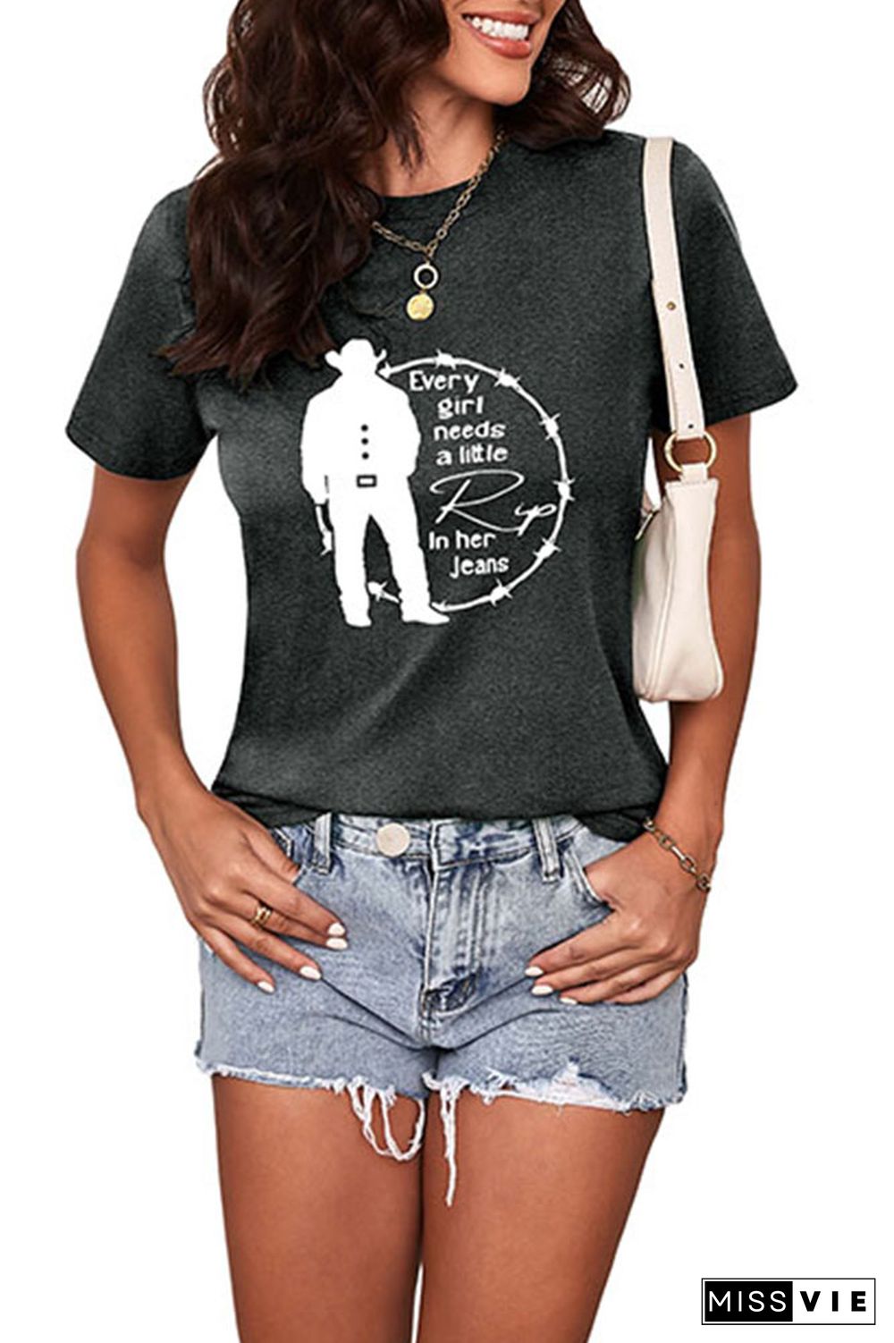 Every Woman Needs a Little Rip in their Jeans Graphic Printed Short Sleeve T Shirt Wholesale