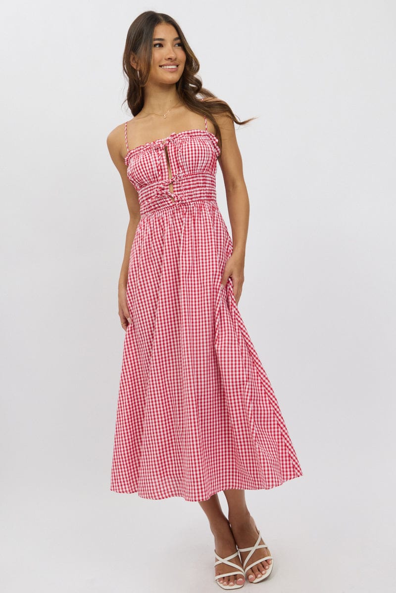 Red Check Midi Dress Ribbon Detail Strappy