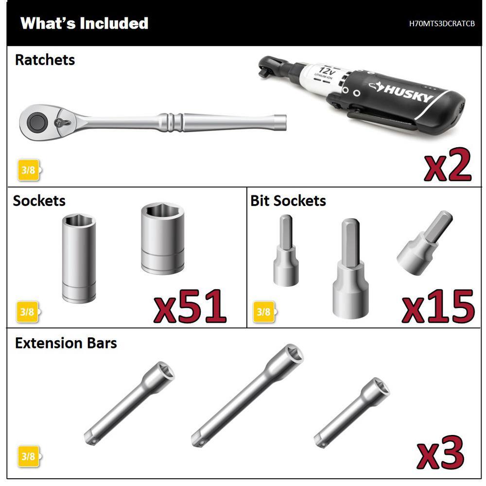 Husky 38 in. Drive Mechanics Tool Set with 38 in. Drive Cordless Ratchet (71-Piece) H70MTS3DCRATCB