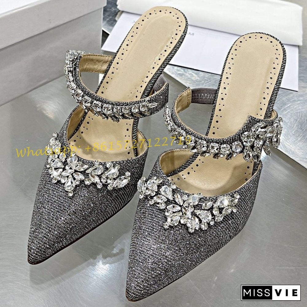 Pointy Toe Crystal Mules Slippers Women Luxury Summer Blue Party High Heels Slippers Sexy Outfit New Arrival Ankle Wrap Shoes