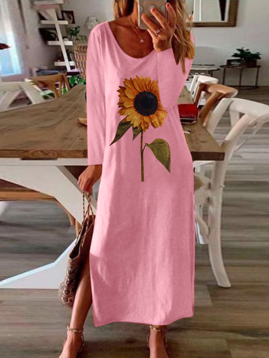 Sunflower Plant Printed Side Slit Long Sleeve Maxi Dress