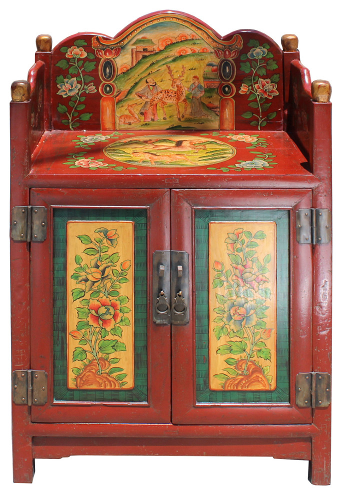 Chinese Tibetan Vintage Floral Animals Graphic Shrine Offer Table Cabinet cs5734   Asian   Accent Chests And Cabinets   by Golden Lotus Antiques  Houzz