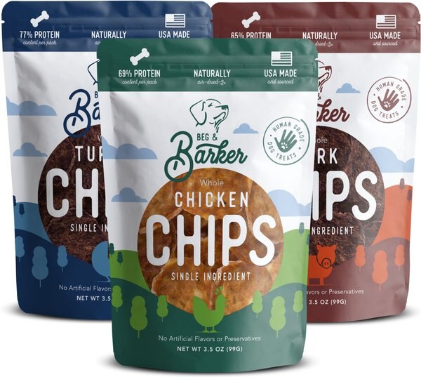 Beg and Barker The Barnyard Bunch Variety Whole Chicken Pork and Turkey Chips Natural Single Ingredient Dog Treats