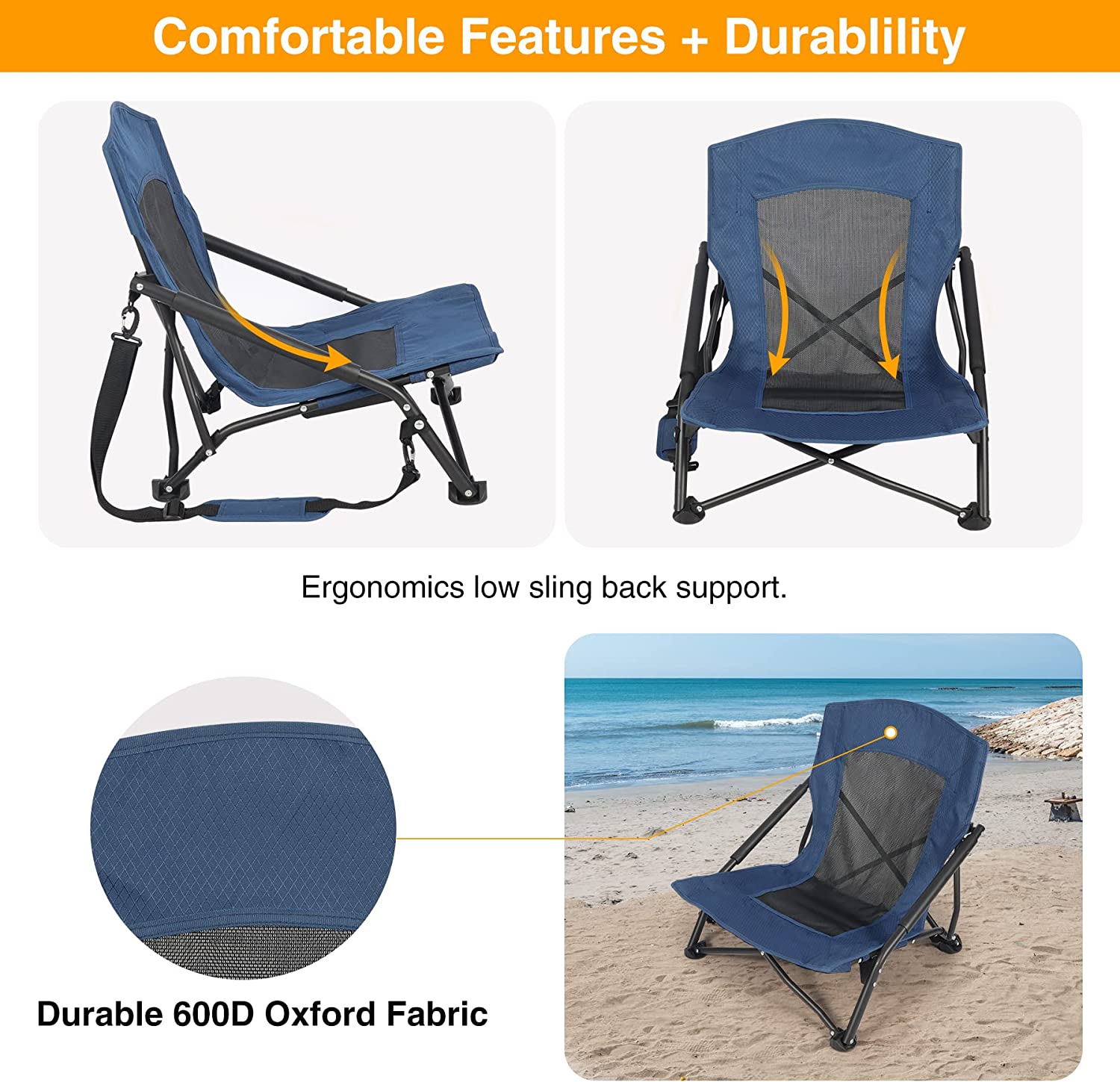 REDCAMP Low Beach Chairs， Portable Concert Chairs for Adults， Heavy Duty Compact Beach Chairs with Carry Bag， Small Folding Beach Chairs for Outdoor Travel Camping， 2 Pack of Navy