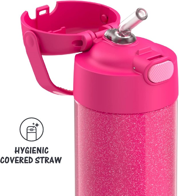 Thermos Funtainer 12 Ounce Stainless Steel Vacuum Insulated Kids Straw Bottle Pink Glitter