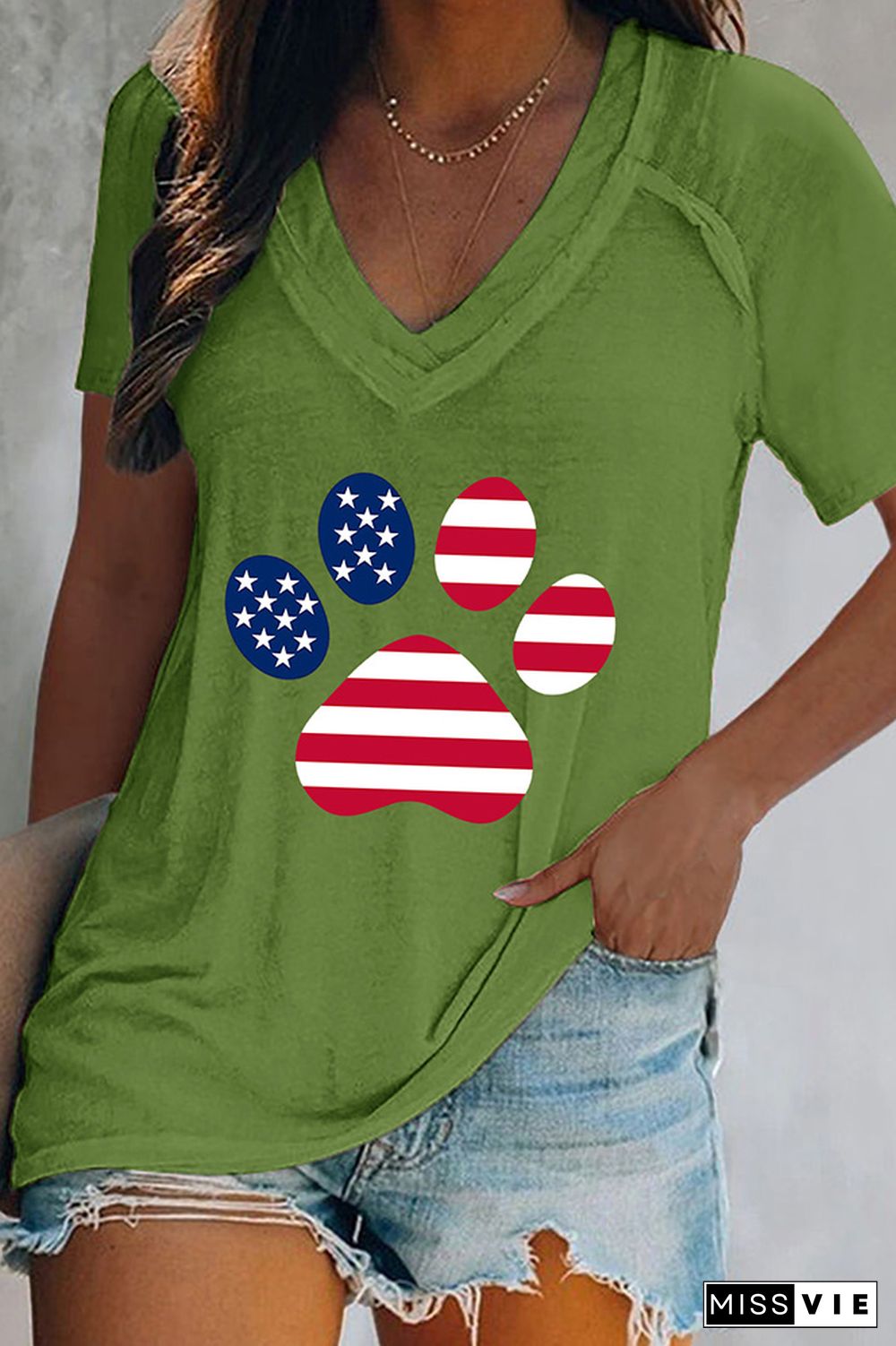 American Dog US Flag Print V Neck Graphic Tee