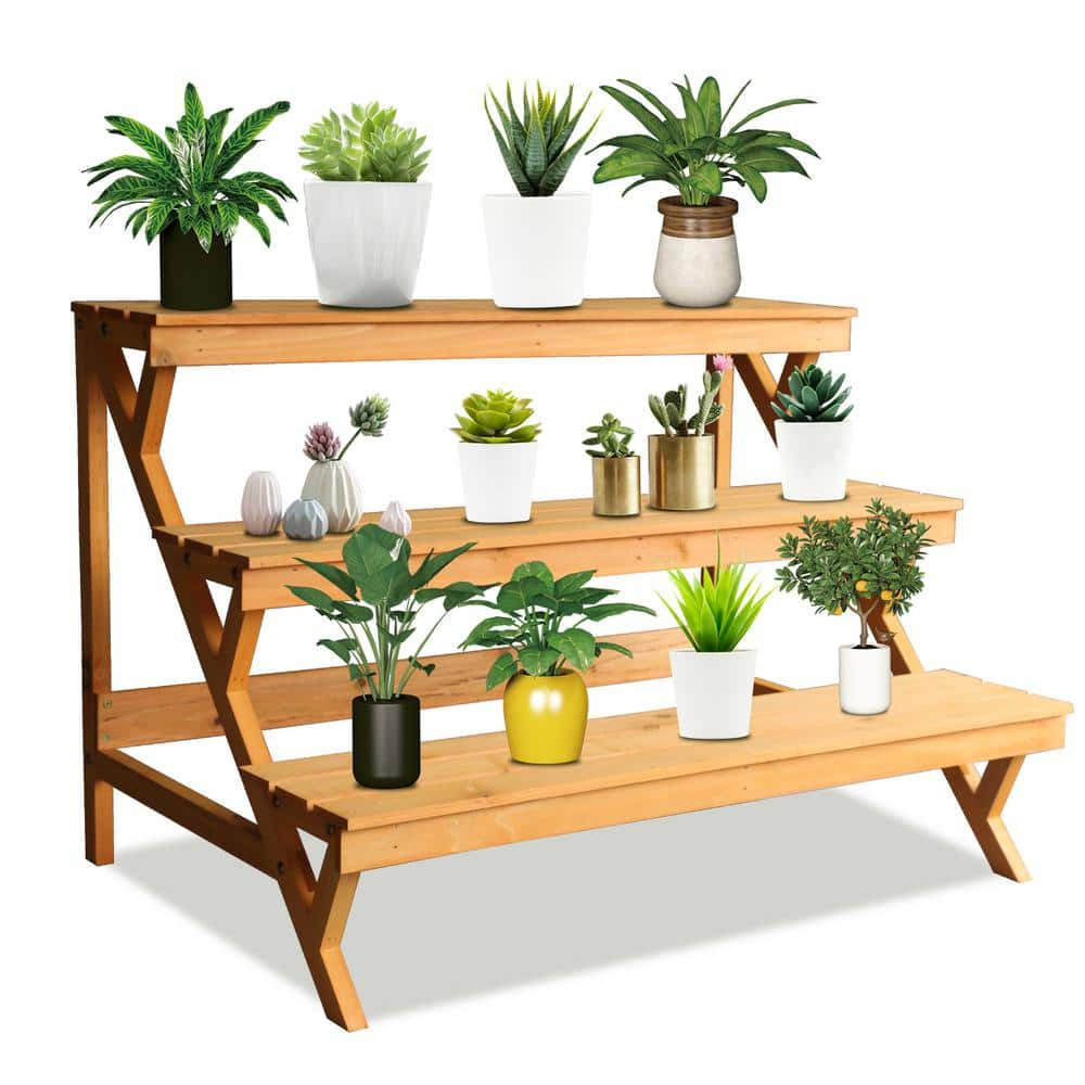 kdgarden 35 in. L x 23 in. H x 23 in. D Outdoor Step Wooden Plant Stand Planter Shelf (3-Tier) KD-WF-J