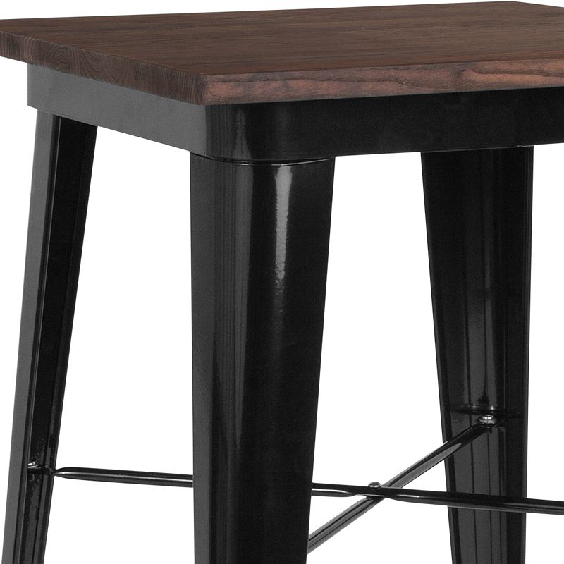 Merrick Lane Modern 23.5 Square Black Metal Table with Rustic Walnut Finished Wood Top for Indoor Use