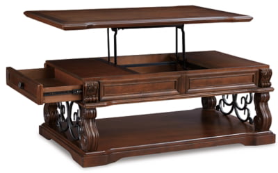 Signature Design by Ashley Alymere Traditional Lift Top Coffee Table, Hand-Finished with 2 Storage Drawers and Fixed Floor Shelf, Dark Brown