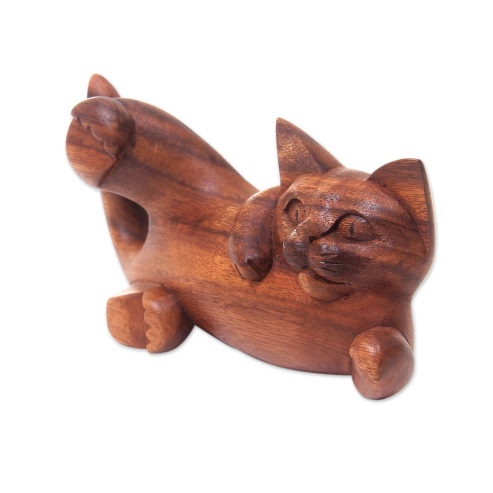 Handcrafted Suar Wood 'Naughty Kitty' Sculpture (Indonesia)   4.3\