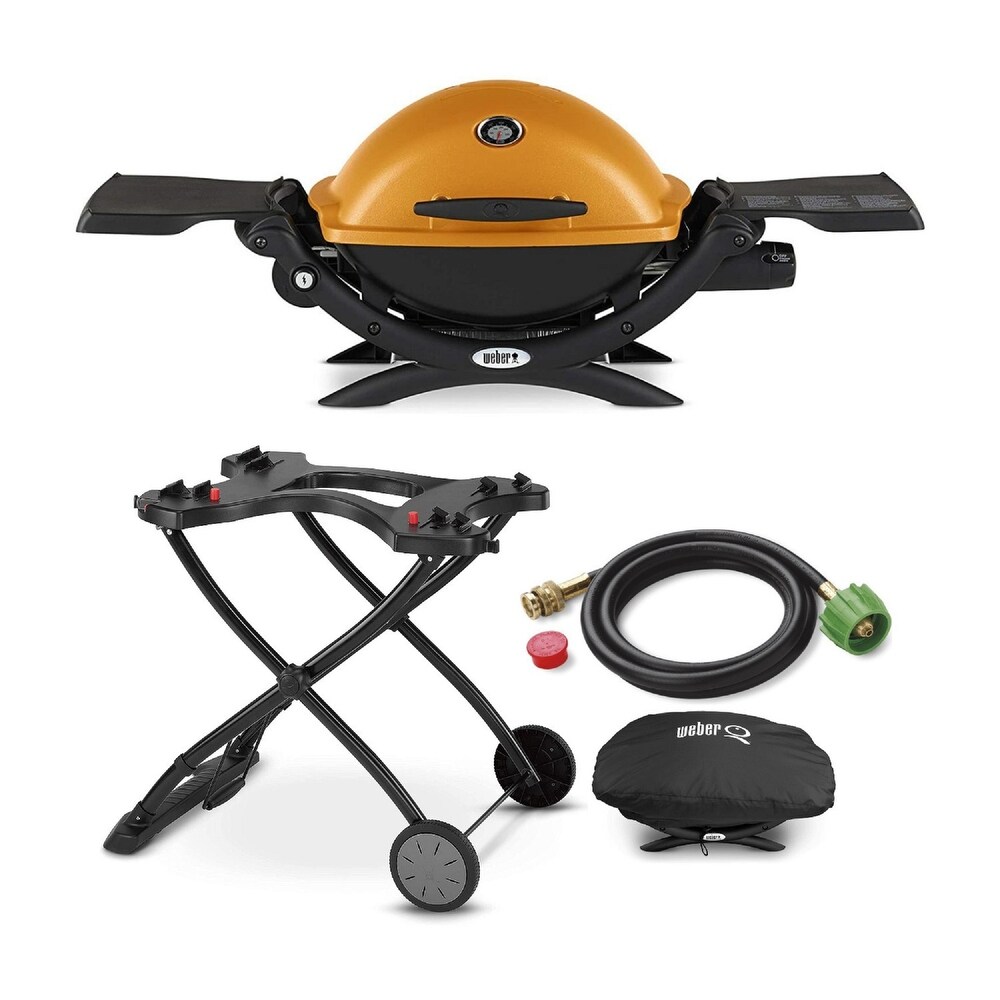 Weber Q1200 Liquid Propane Grill (Orange) w/Portable Cart  Hose Bundle