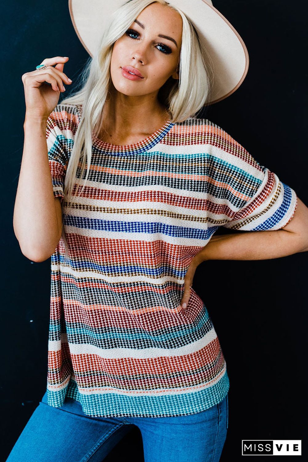 Multicolor Striped Loose T-shirt with Slits