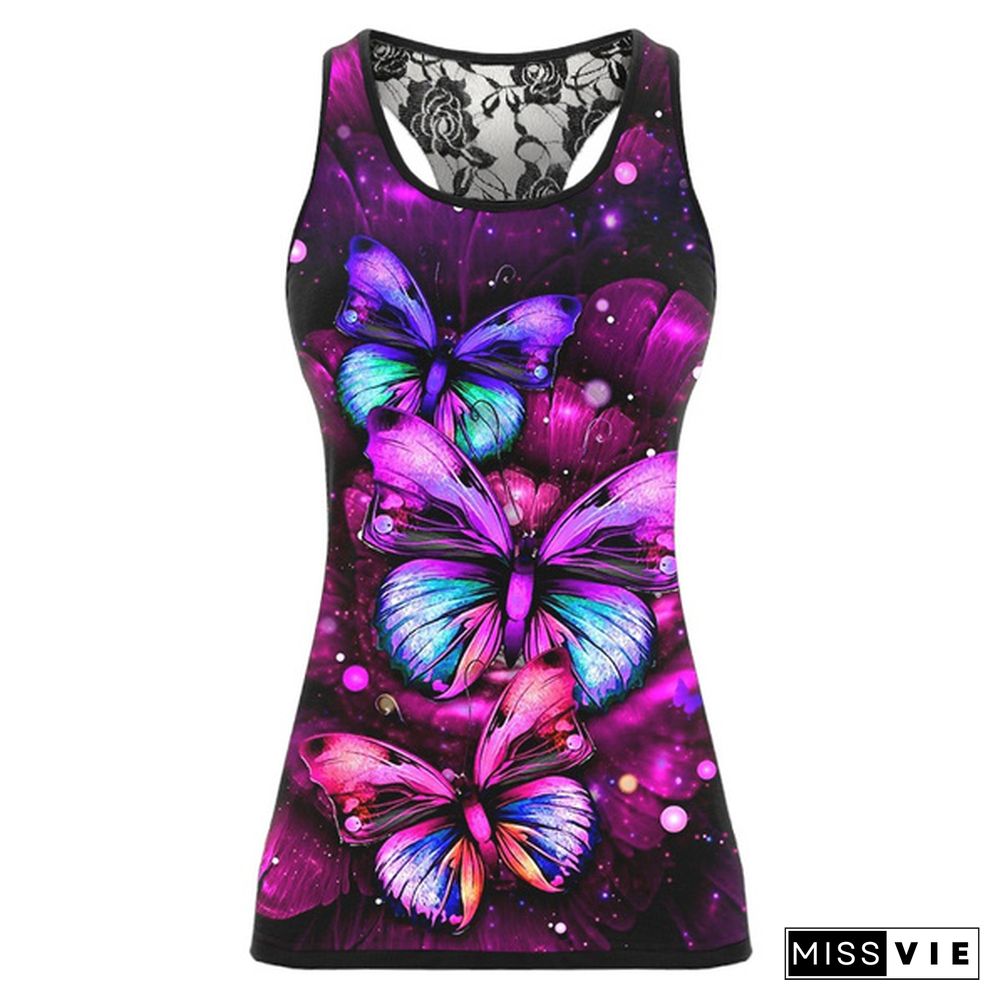 Summer Fashion Women Sleeveless Shirts 3D Butterfly Print Lace Racerback Vest Tank Tops Sports Workout Tank Tops Plus Size