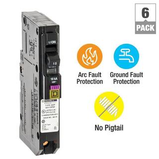 Square D QO 15 Amp Single-Pole Plug-On Neutral Dual Function (CAFCI and GFCI) Circuit Breaker (6-Pack) QO115PDFC6