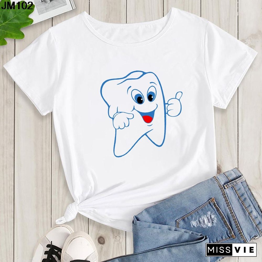 Aesthetic Funny Tooth Dentist Print Female Clothing T-shirt 90s Harajuku Kawaii O-neck Tshirt Summer Fashion Women's Top T Shirt