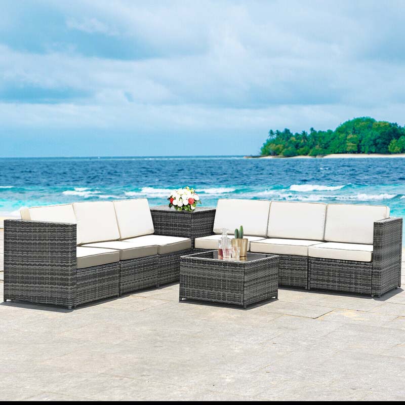 8 Pcs Rattan Patio Sectional Sofa Couch Set Outdoor Wicker Furniture Set with Storage Table & Cushions