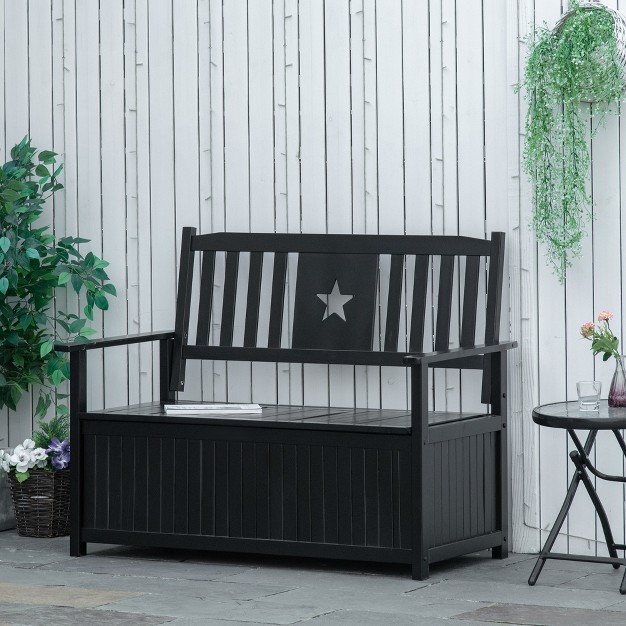 Outsunny Outdoor Wooden Storage Bench Deck Box Wood Patio Furniture 43 Gallon Pool Storage Bin Container With Cloth Backrest Armrests Star Black