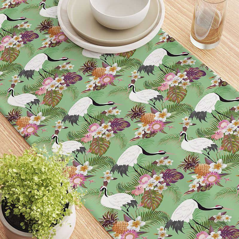 Table Runner， 100% Cotton， 16x108， Japanese Crane and Flowers