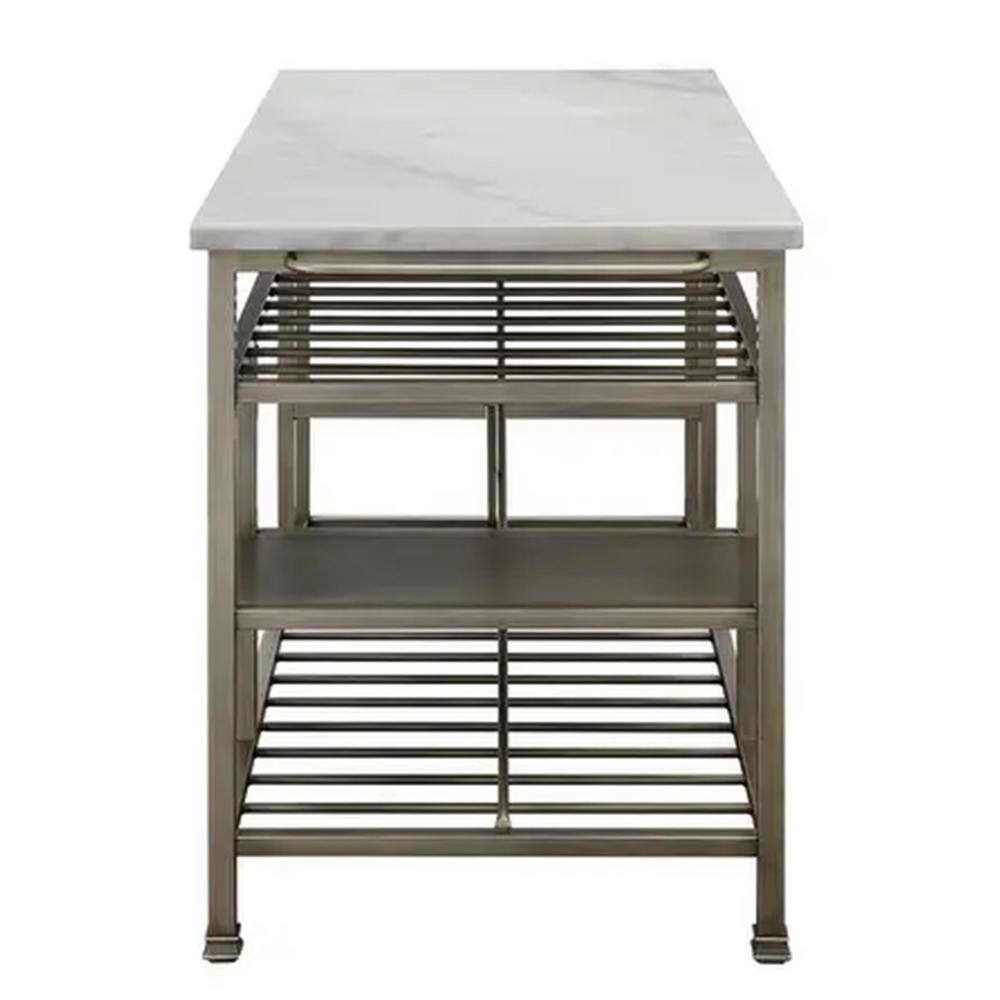 Benjara 36 in. H Gray and White Marble Top Metal Kitchen Island with 2-Slated Shelves BM214991