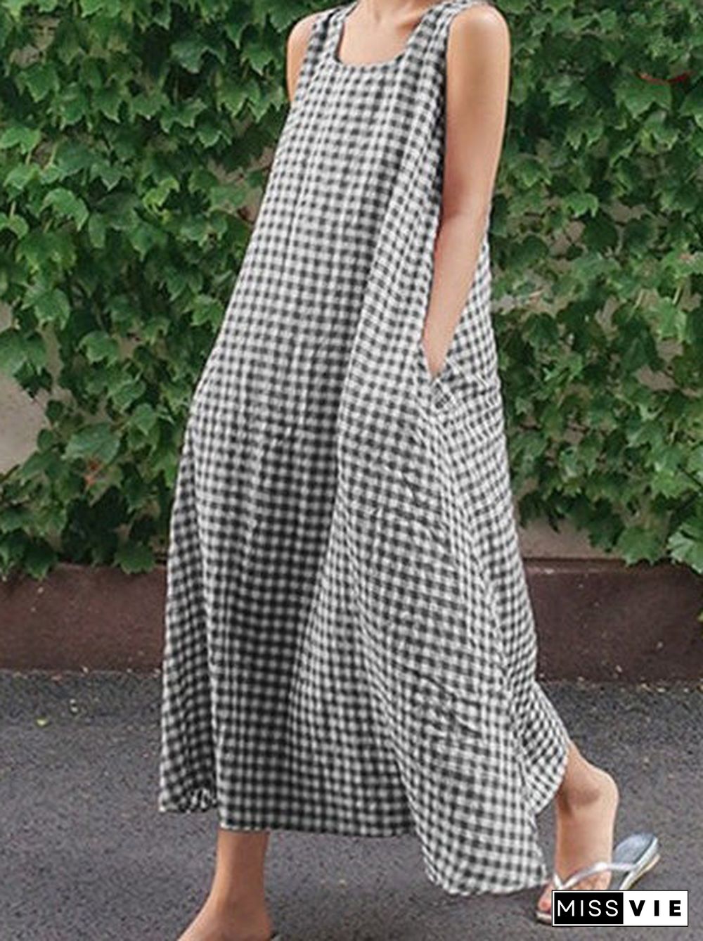 Women'S Dresses Loose Check Pocket Sleeveless Maxi Dress