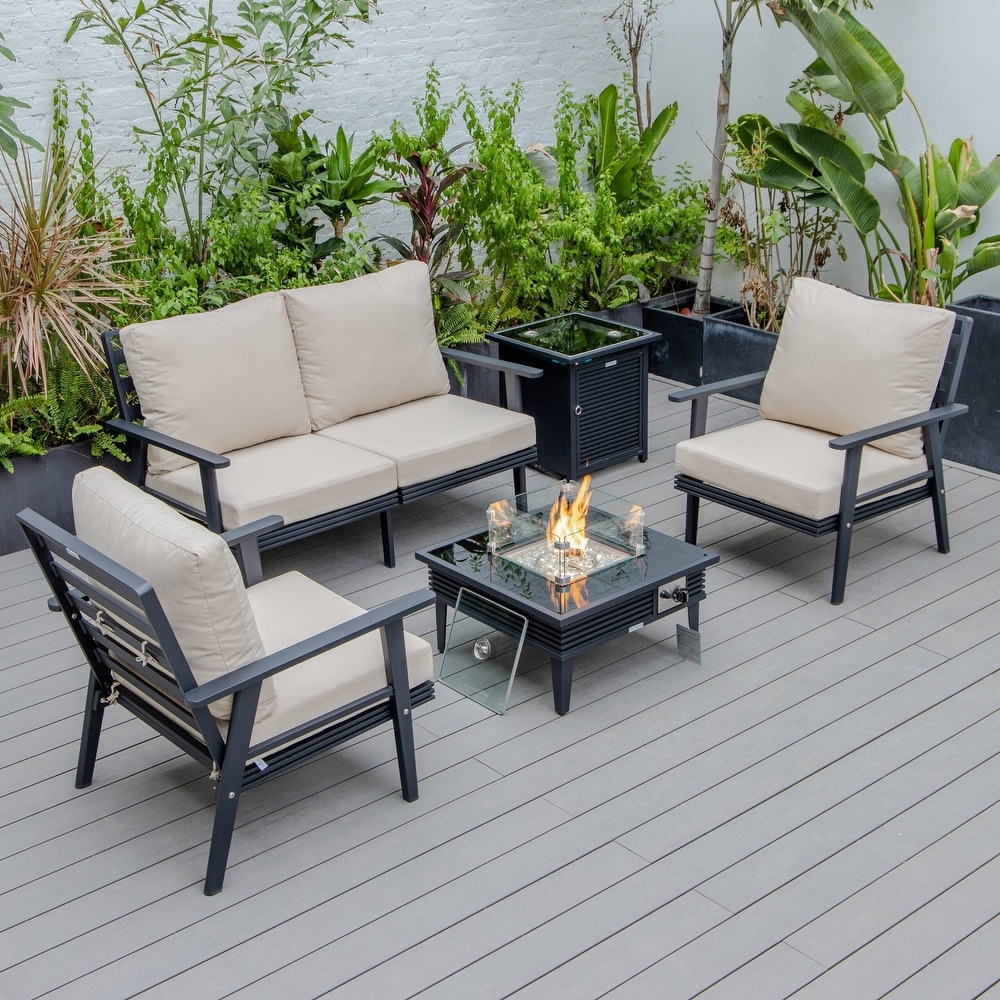 LeisureMod Walbrooke Modern Patio Conversation Set With Fire Pit Table