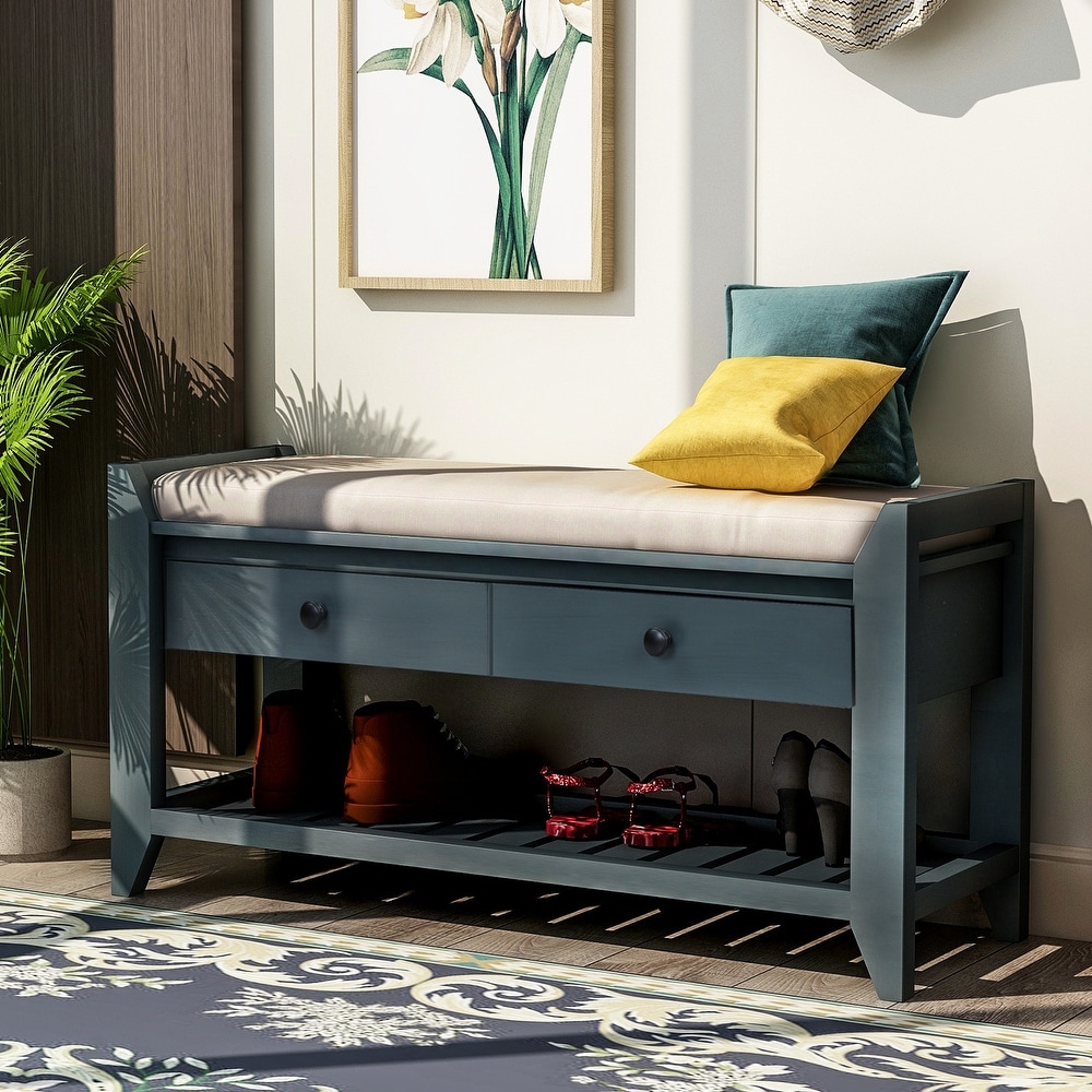 Shoe Rack with Cushioned Seat and Drawers Entryway Storage Bench