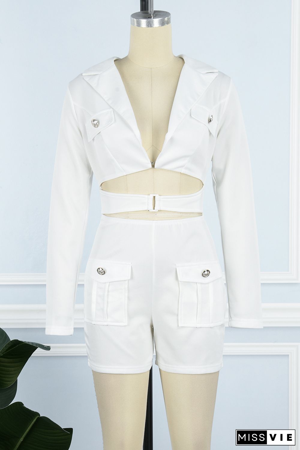 White Sexy Street Solid Patchwork Pocket Turn-back Collar Straight Rompers