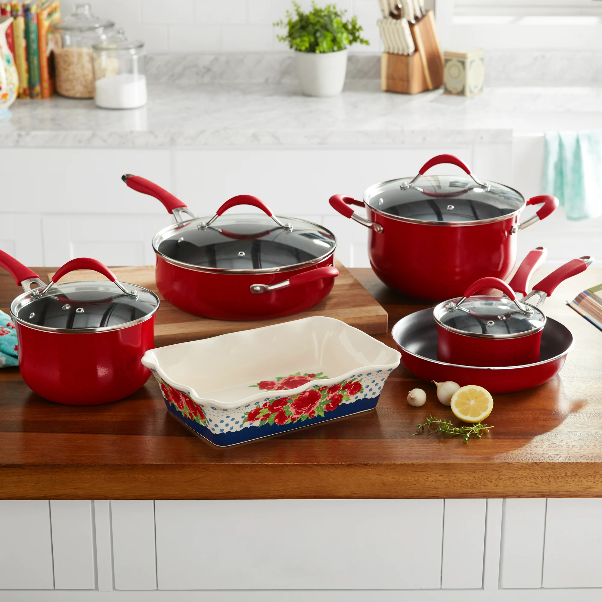 The Pioneer Woman Frontier Speckle 10-Piece Aluminum Nonstick Cookware Set， Red