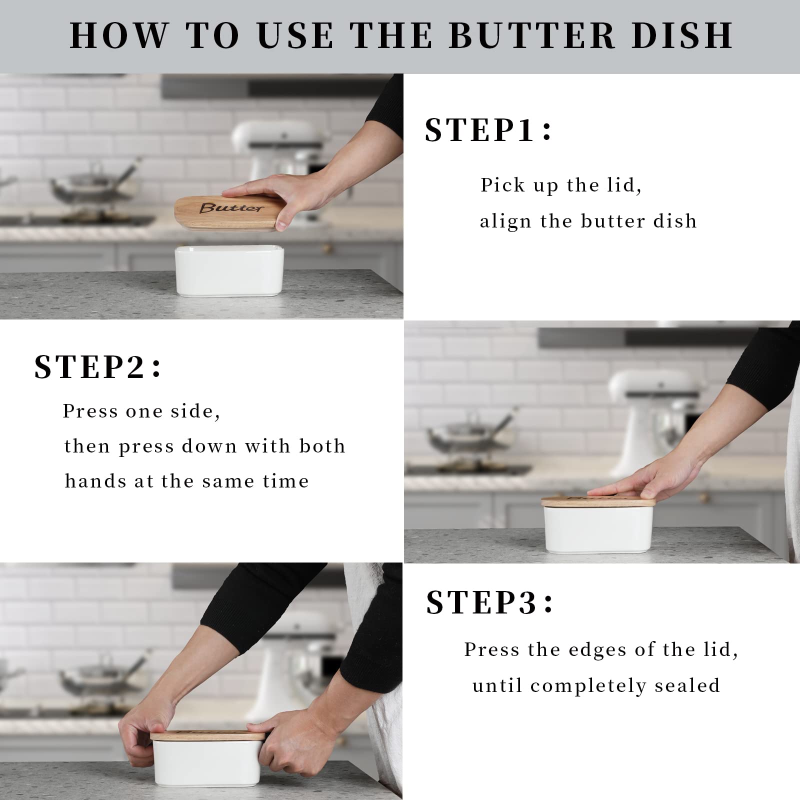 Butter Dish with Wooden Lid- Large Ceramics Covered Butter Holder for Countertop， Butter Keeper Container Perfect for Holds 2X 4oz West/East Coast Butter， White