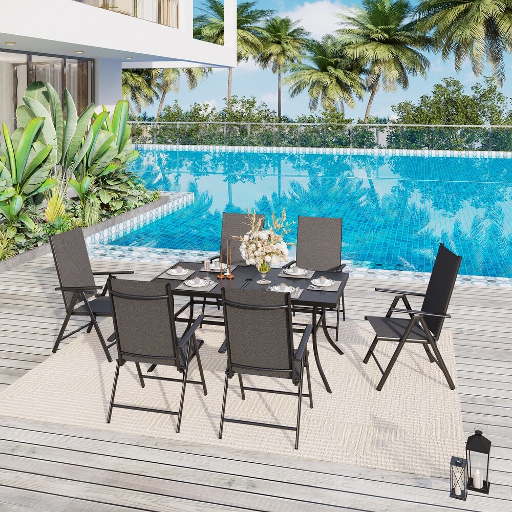 Outdoor 7 Pieces Dining Set  6 x Reclining Folding Sling Dining Chairs and 1 Patio Dining Table