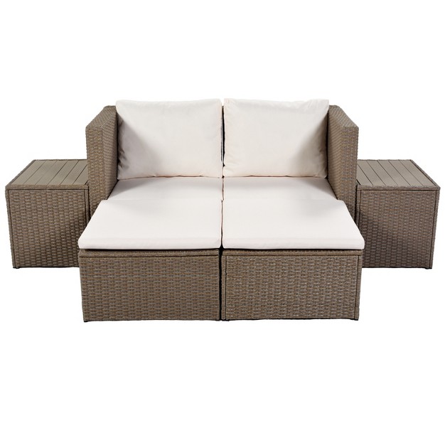 Outdoor Patio 6 piece Pe Wicker Sectional Sofa With 2 Coffee Tables Brown Wicker Beige Cushions Modernluxe