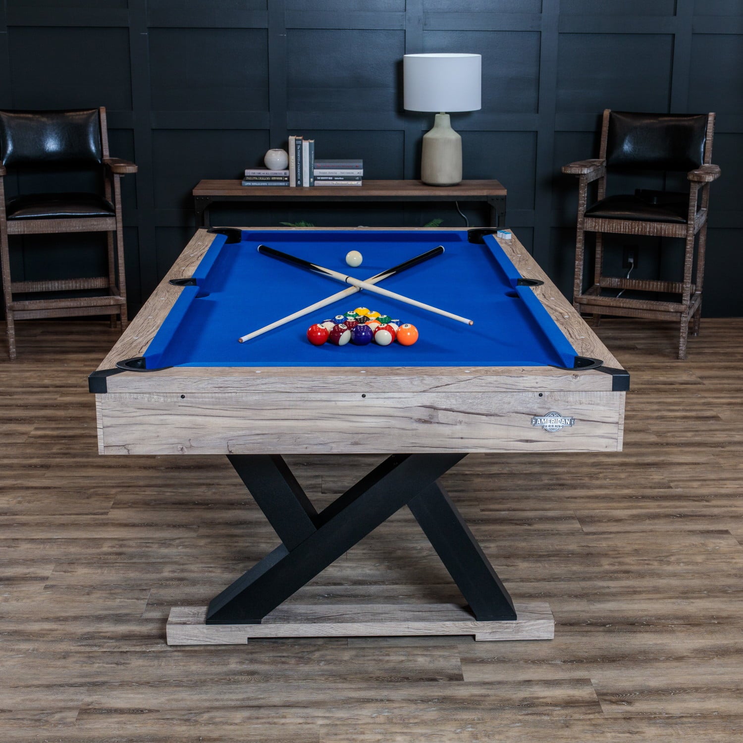 American Legend Kirkwood 84" Billiard Table with Rustic Blond Finish, K-Shaped Legs and Royal Blue Cloth