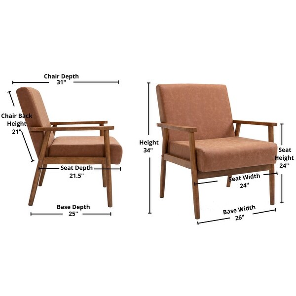 Mid-century Modern Solid Wood Vegan Brown Leather Upholstered Armchairs SET OF 2