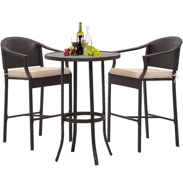 3-Piece Outdoor Wicker Patio Bar Stools with Table Set - Overstock - 35738808