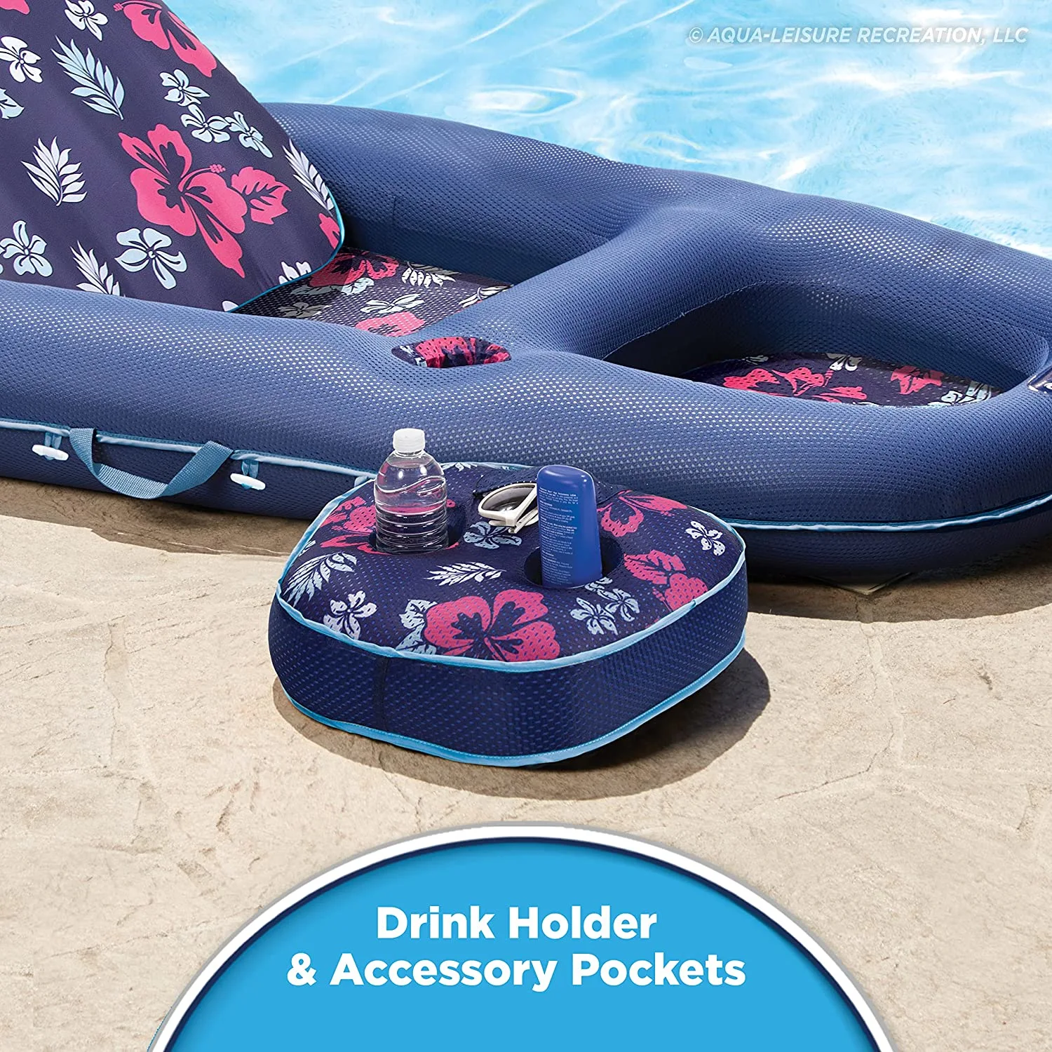 Aqua Campania Ultimate 2-in-1 Pool Float Lounge – Extra Large – Inflatable Pool Floats for Adults with Adjustable Backrest and Cupholder Caddy – Navy Hibiscus