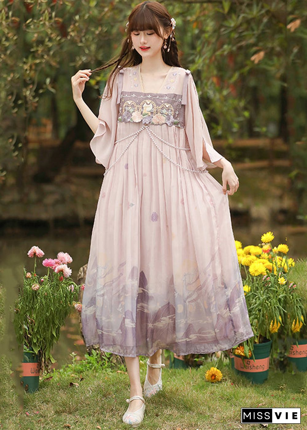 Cute Pink Embroideried Wrinkled Patchwork Chiffon Dress Half Sleeve