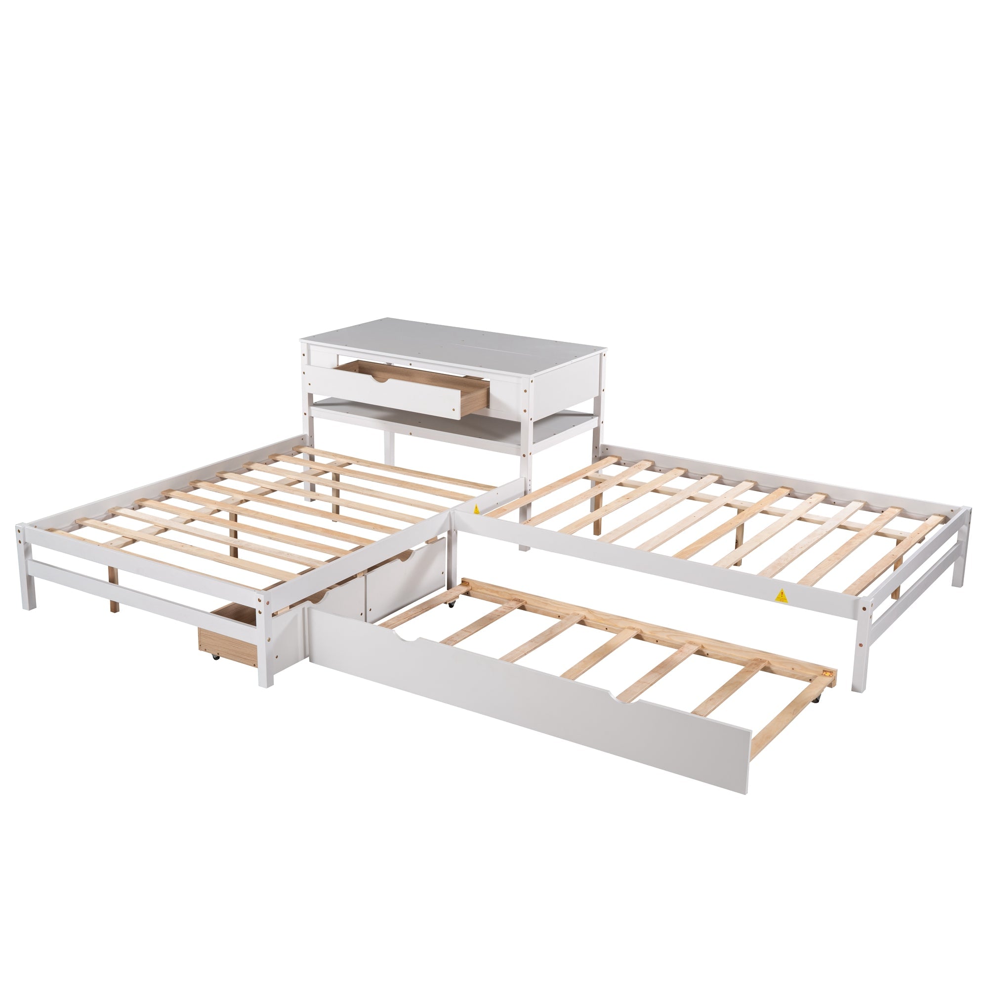 Full L-Shaped Platform Beds with Trundle, Drawers and Table for Kids Bedroom, White