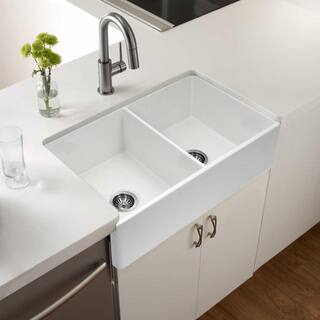 HOUZER Platus Farmhouse Apron Front Fireclay 33 in. Double Bowl Kitchen Sink in White with Dual-Mounting Options PTD-4400 WH