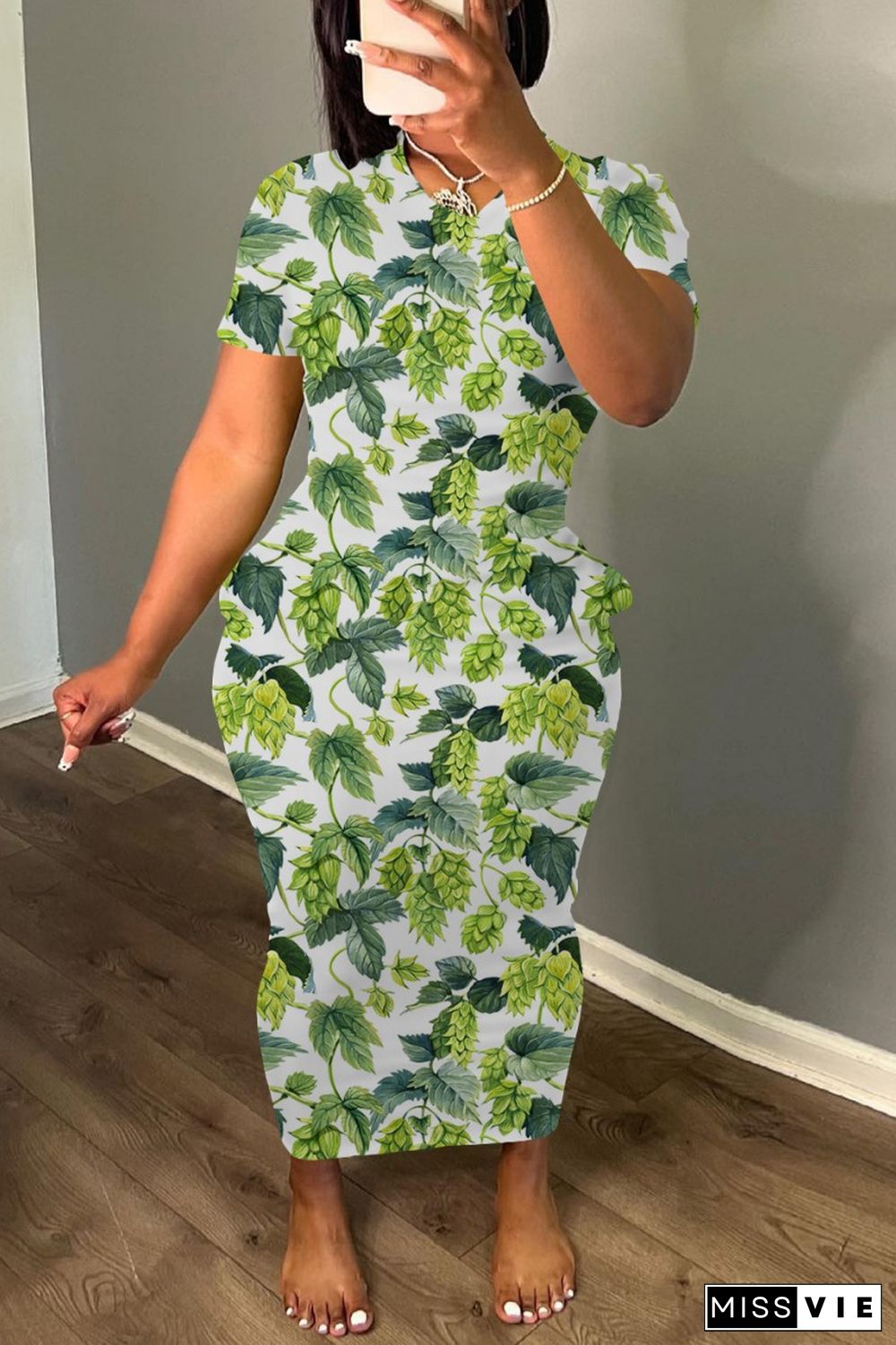 Green Casual Print Basic O Neck Long Dress Dresses