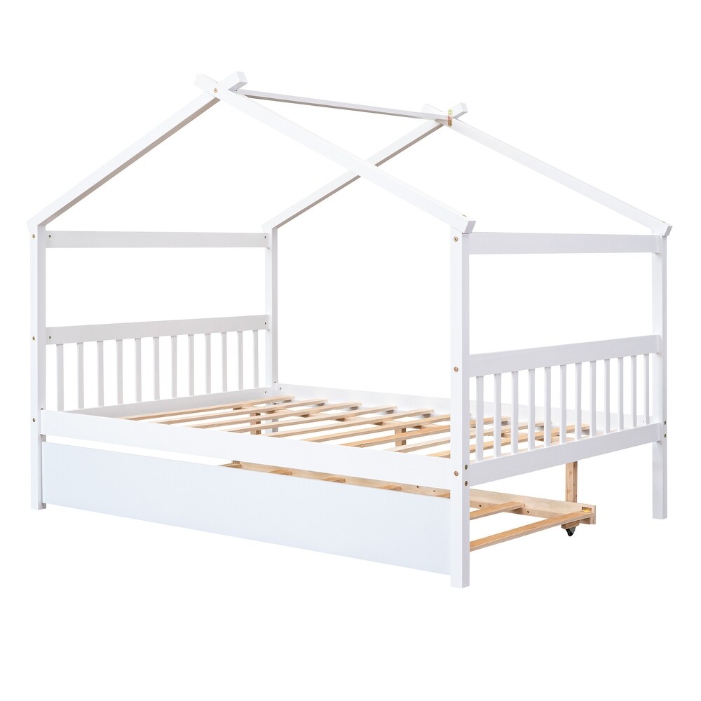 Full House Bed with Trundle  Kids Playhouse Platform Bed Frame with Storage Shelves  Montessori Be for Kids Girls Boys  White