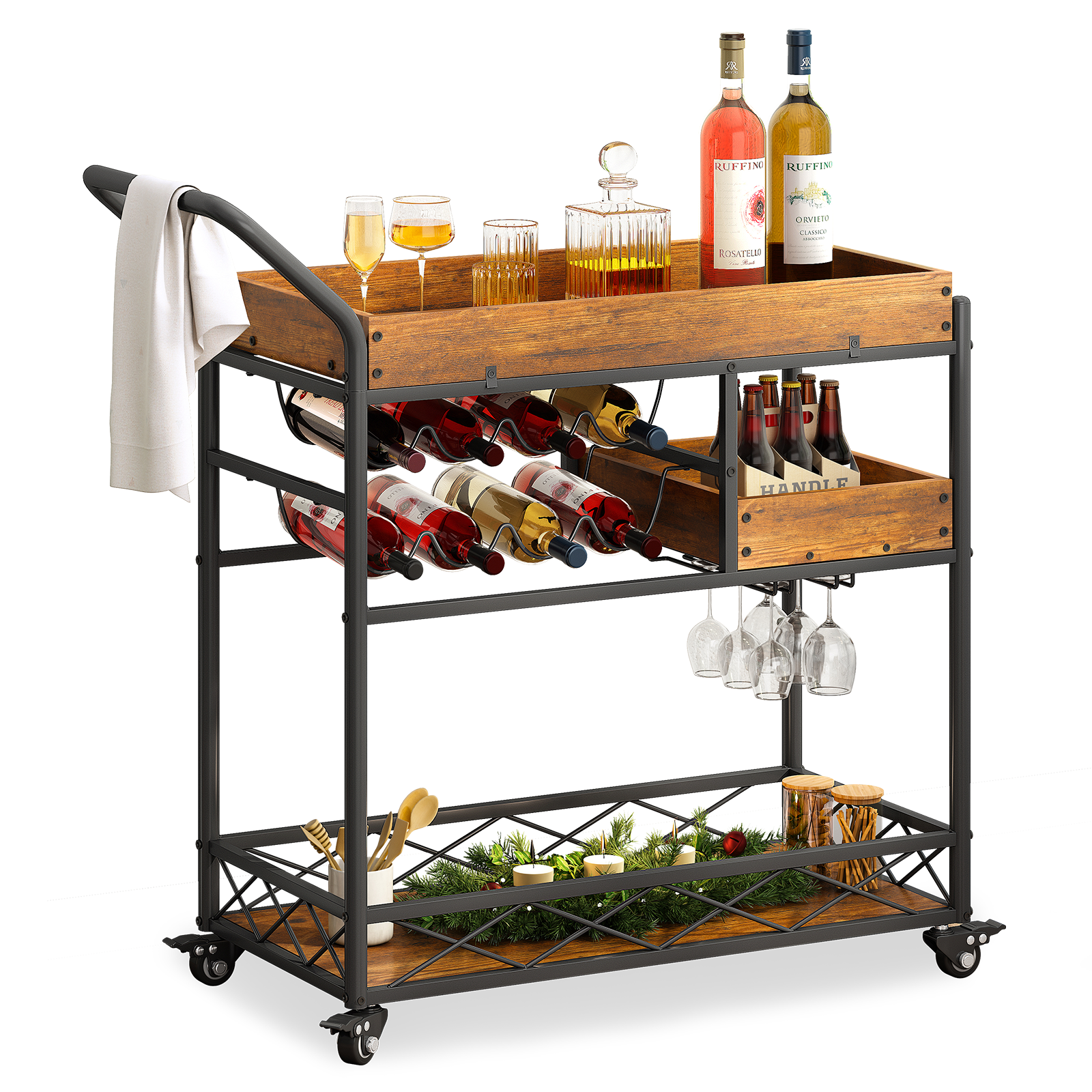 MUZZ Wine Bar Cabinet with Wine Rack/Lockable Foot Rail， Bar Carts for The Home， Moveable Rustic Wood Coffee Bar for Dining Room/Living Room/Garden