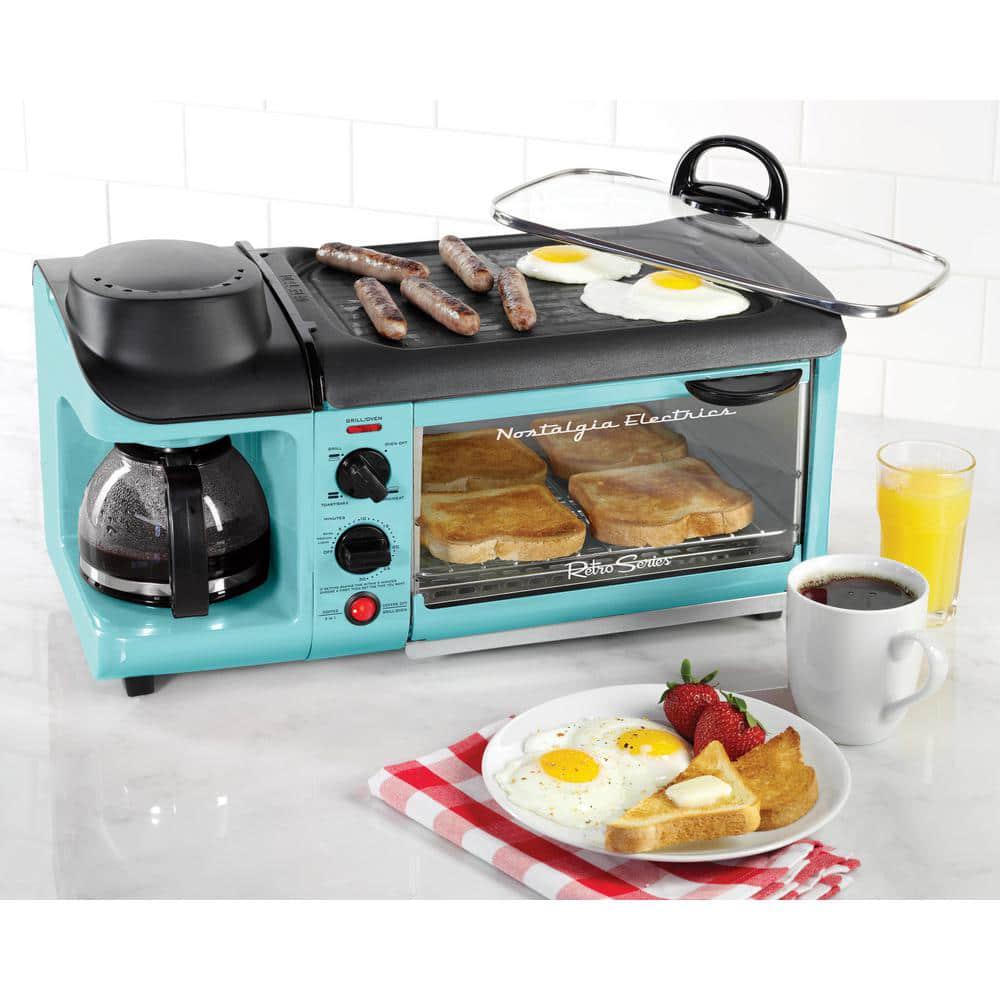 Nostalgia Retro 3in1 Aqua Electric Breakfast StationWith Non Stick Die Cast GrillGriddle4 Slice Toaster Oven and Coffee Maker