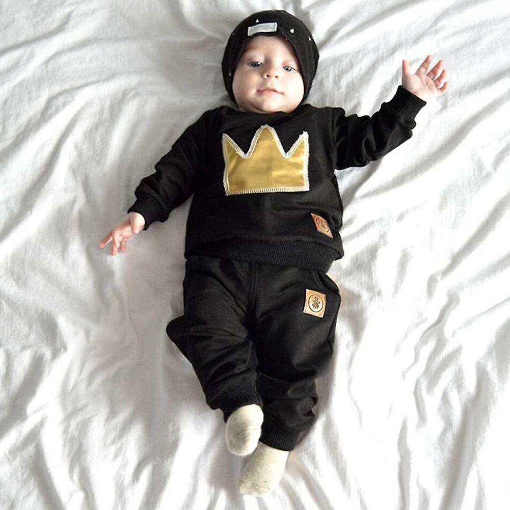 Baby Boys Girls Clothing Set Soft Cotton Autumn Long Sleeve Tops Pants 2 Pieces Baby Sport Suit Crown Embroidery Black 90cm