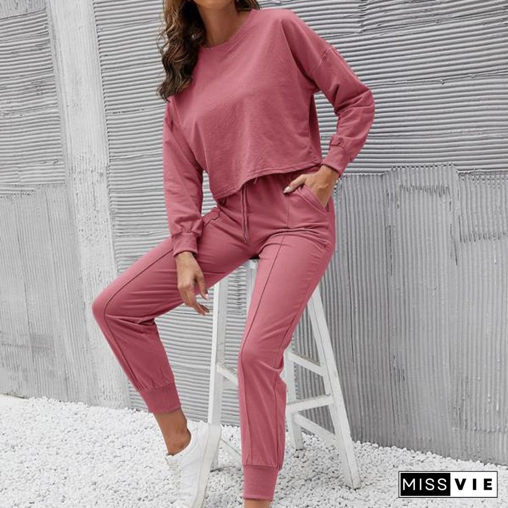 Useful Tracksuits Solid Color Quick Drying Two Piece Outfit Long Sleeve Crewneck With Pants