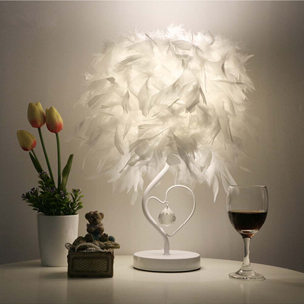 Surpars House Heart Shape White Feather Deco Table Lamp Crystal Bedside Table Lamp