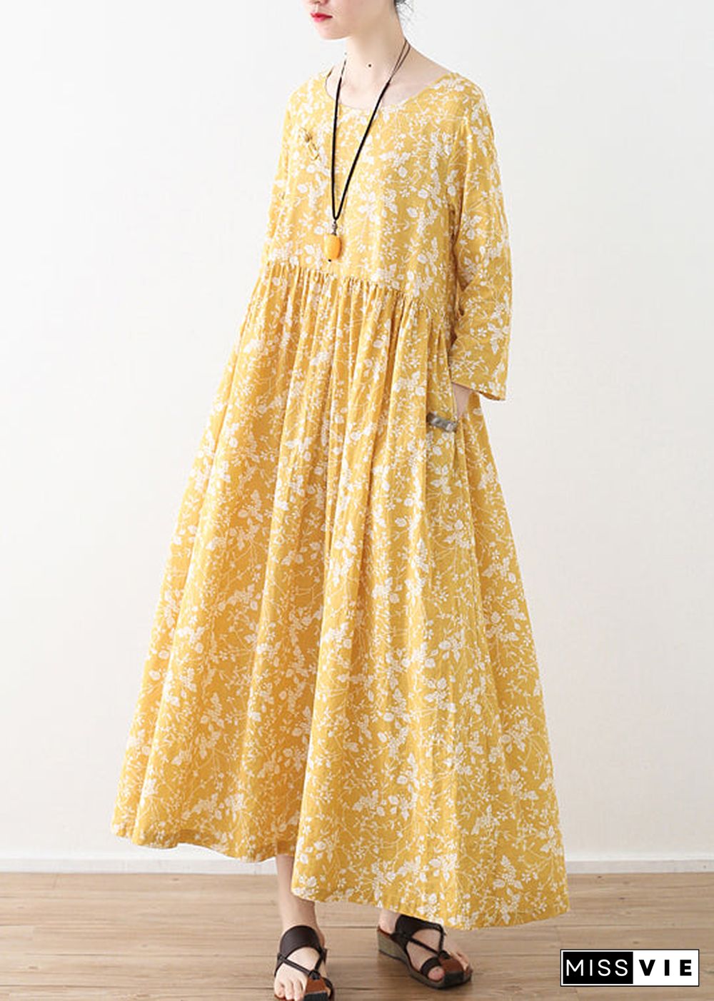 Original Yellow O-Neck Wrinkled Print Loose Dresses Three Quarter sleeve