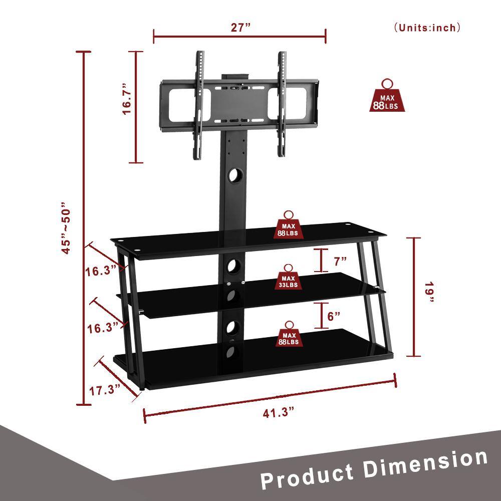 Amucolo 41.3 in. Adjustable Angle Black Adjustable Height TV Mounts TV Stand Fits TV's up to 65 in. with 3-Shelf JWS-CYW24-53