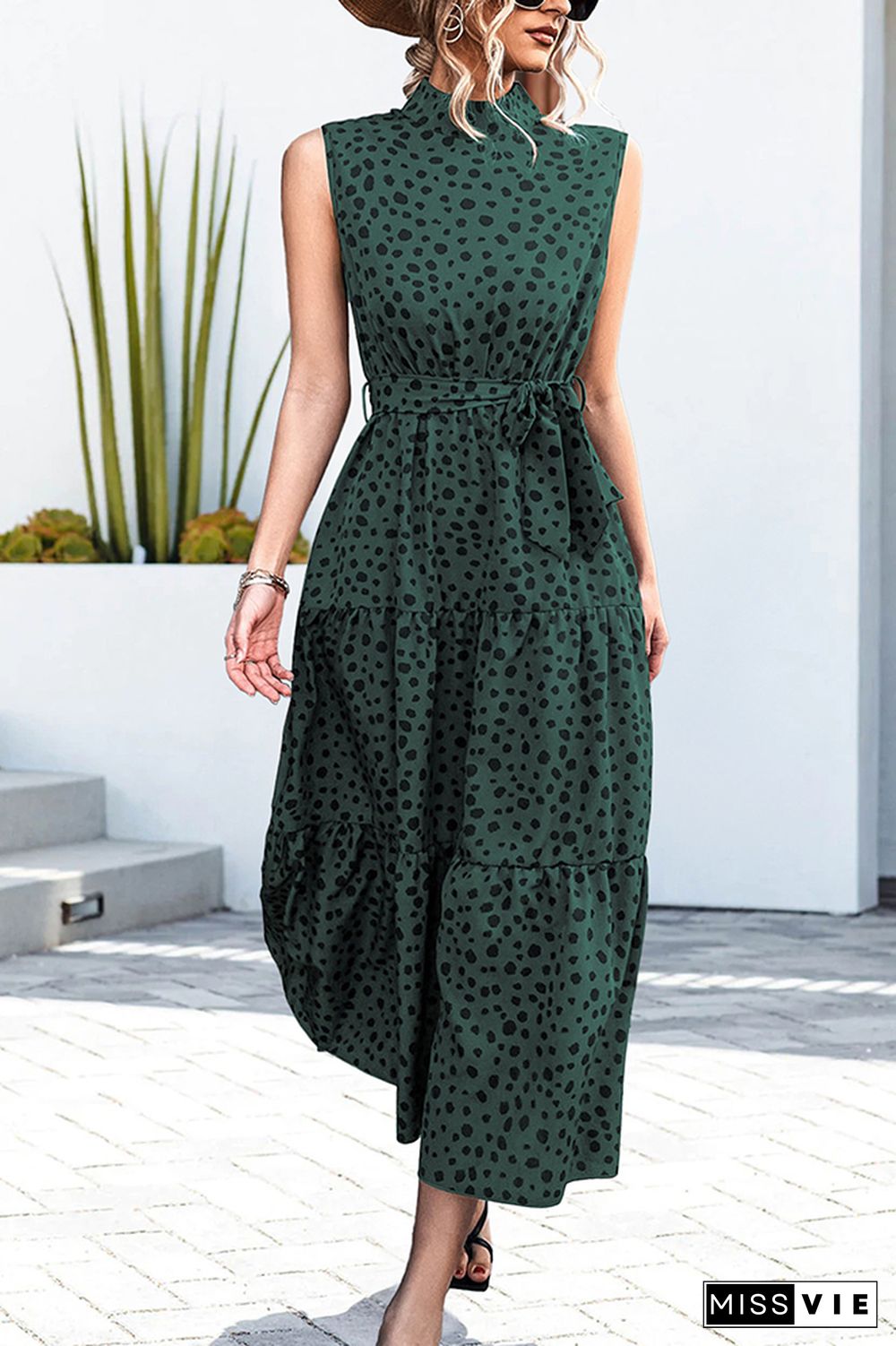 Polkadot Sleeveless Waist Tie Knot Long Dress