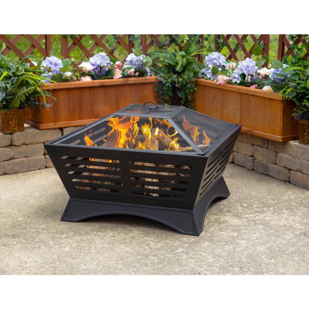 Pleasant Hearth Hutchinson 32.8 in. W x 23.7 in. H Square Steel Wood Burning Black Fire Pit OFW380S