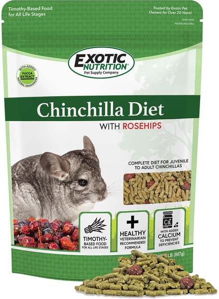 Exotic Nutrition Chinchilla Diet with Rose Hips Small-Pet Food， 2-lb bag